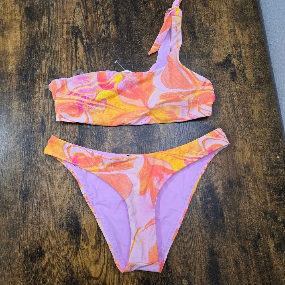 AQUA Pink Orange White Swirl One Shoulder Bikini Top Bottom Set Medium - Picture 2 of 8